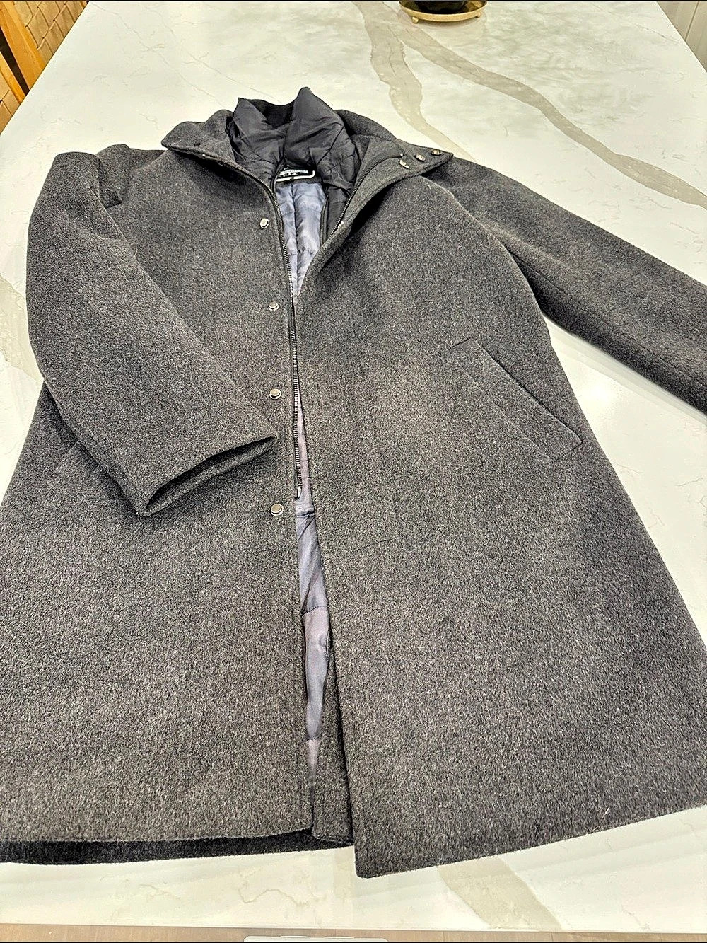 GUESS Wool Blend Coat with Removable Quilted Bib Gray Wool-Blend Style Coat Size